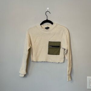 Forever 21 Womens Cropped Distressed Shaker Knit Sweater Utility Pocket Cream XS